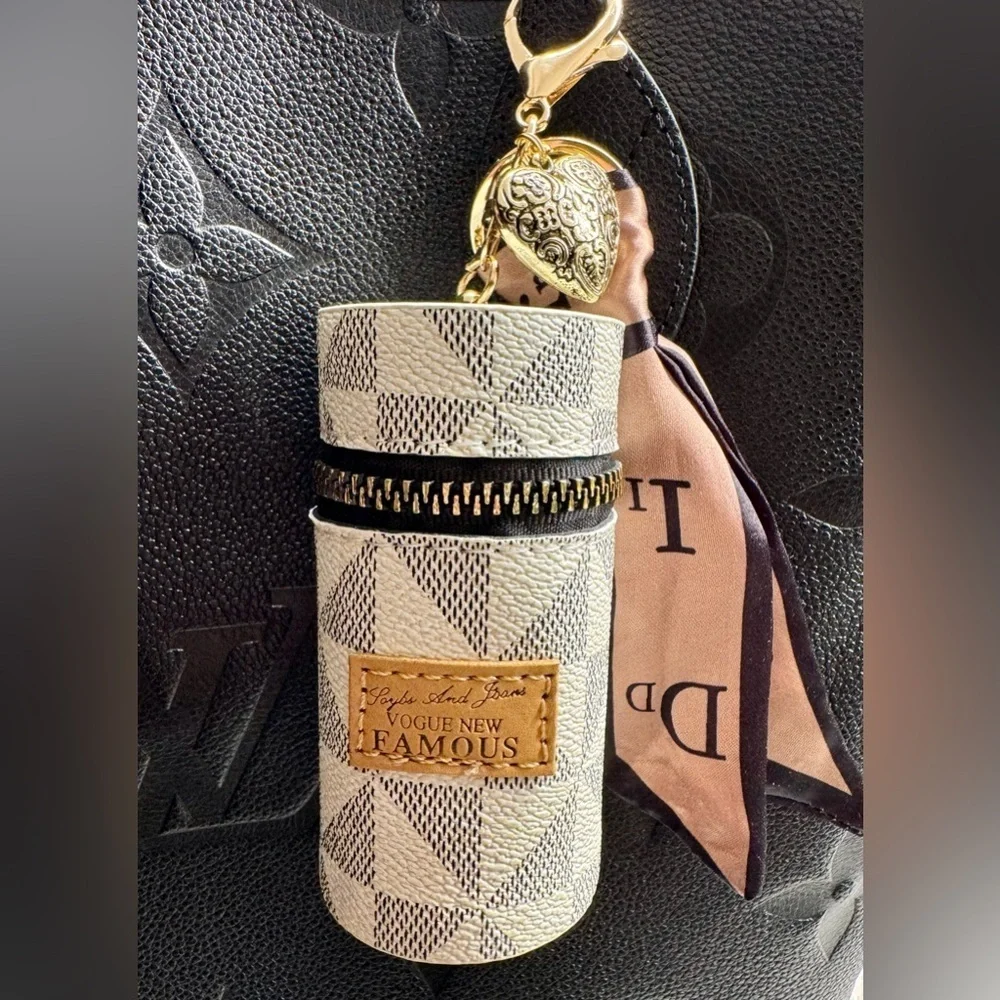 New White Geometric Print Mini Bag Purse Charm Keychain w/ Scarf & Vintage Heart